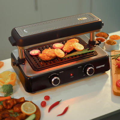 Geepas Fast Indoor Grill- GBG63060|  Drip Tray for Easy Cleaning,  Thermostat Control | Perfect for Sizzling Steaks, Searing Vegetables Etc | Black, 2 Years Warranty