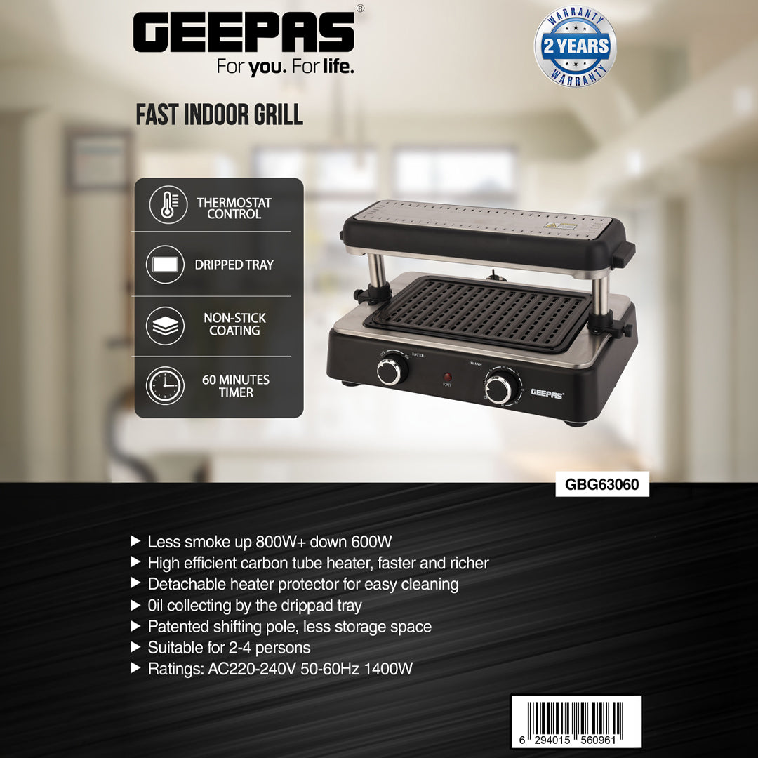 Geepas Fast Indoor Grill- GBG63060|  Drip Tray for Easy Cleaning,  Thermostat Control | Perfect for Sizzling Steaks, Searing Vegetables Etc | Black, 2 Years Warranty