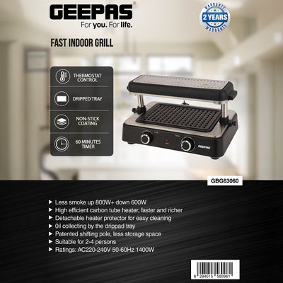 Geepas Fast Indoor Grill- GBG63060|  Drip Tray for Easy Cleaning,  Thermostat Control | Perfect for Sizzling Steaks, Searing Vegetables Etc | Black, 2 Years Warranty