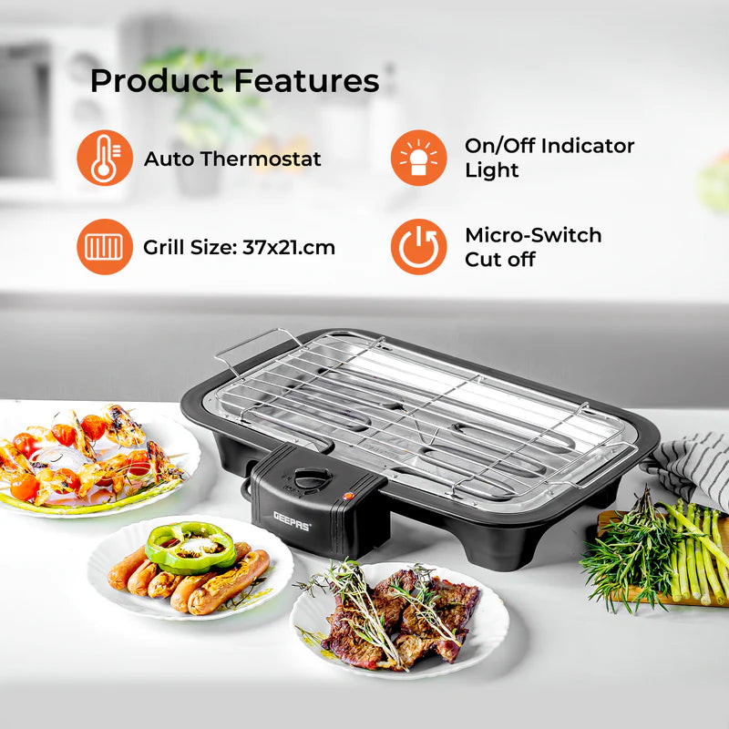 Geepas 2000W Electric Barbecue Grill - Auto-Thermostat Control with Overheat Protection | Detachable Heating Element | Perfect for both Indoor & Outdoor cooking