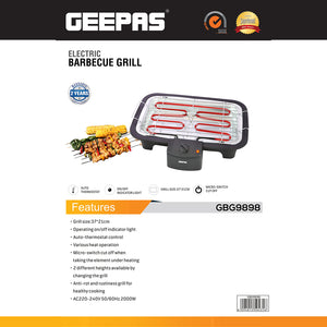 Geepas 2000W Electric Barbecue Grill - Auto-Thermostat Control with Overheat Protection | Detachable Heating Element | Perfect for both Indoor & Outdoor cooking