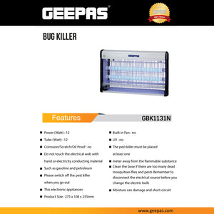Geepas GBK1131N Electric Bug Killer | 12W Power Insect Killer with Safety Grill | Chemical-Free| Energy Efficient Mosquito & Fly Trap for Home & Office | 2 Years Warranty
