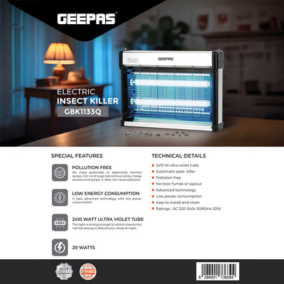 Geepas GBK1133N Electric Insect Killer | 20W UV Bug Zapper with 2x10W Tubes | Pollution-Free, Low Power Consumption| Automatic Pest Control Device | 2 Years Warranty
