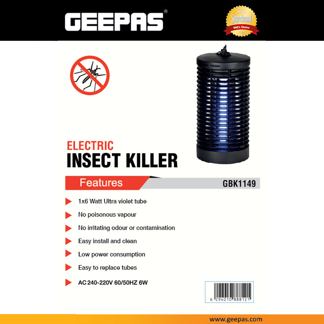 Geepas GBK1149 Electric Insect Killer | 6W UV Tube for Mosquito & Fly Control | Safe, Odor-Free & Chemical-Free Operation | Wide Coverage Area | Durable Design