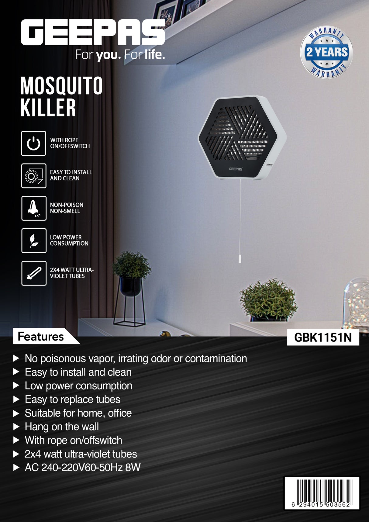 Insect Killer, 2x4W  UV Tubes, GBK1151 | No Poisonous Vapor | No Odor | Low Power Consumption | Replaceable Tubes | Suitable for Home, Office, Restaurant, Etc