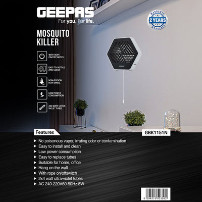 Geepas GBK1151 Electric Mosquito Killer | 2x4W UV Tubes | Wall Mount Design | Rope On/Off Switch | Non-Toxic, Odor-Free | Low Power Consumption | 2 Years Warranty