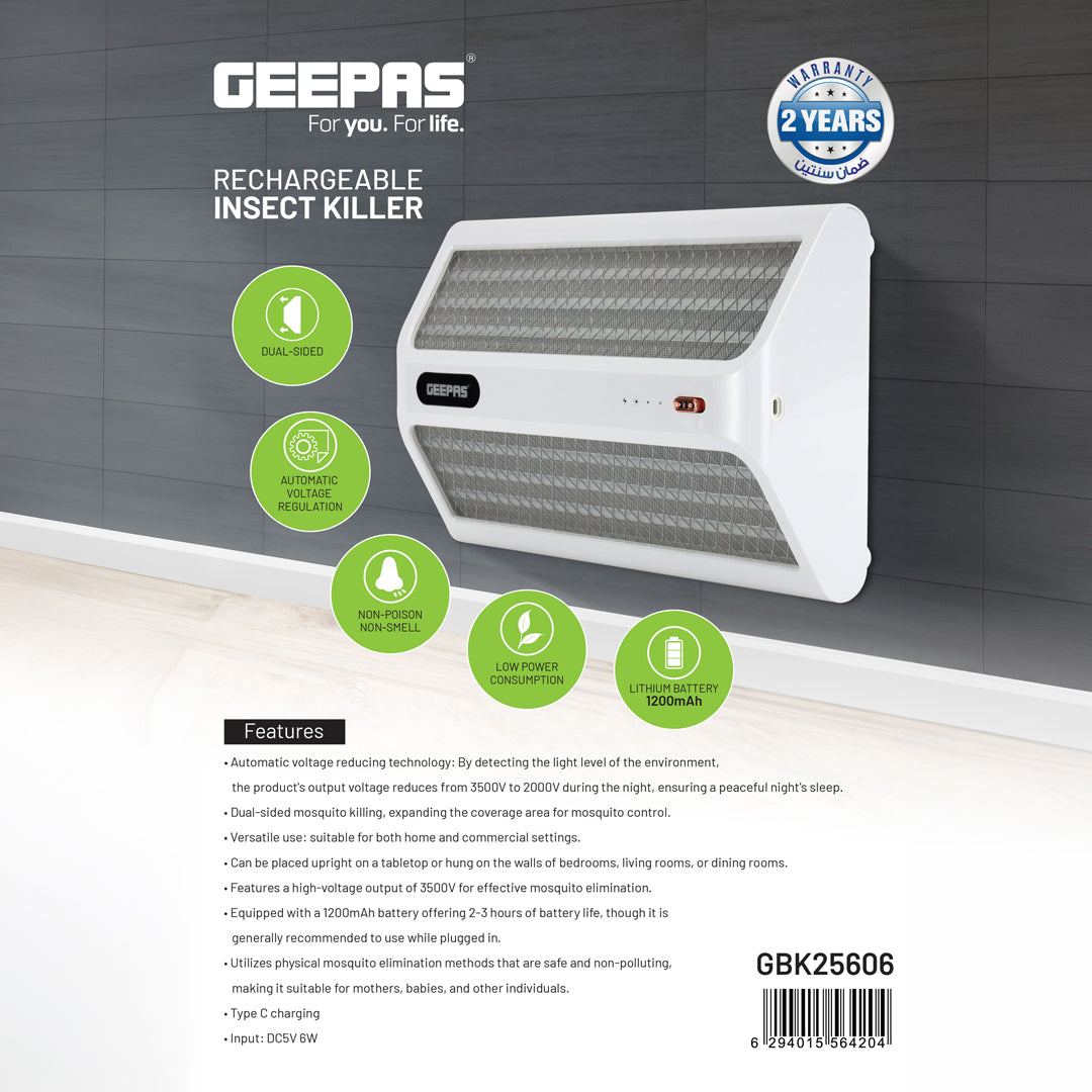 Geepas Rechargeable Mosquito Killer GBK25606 | Dual-Sided Bug & Pest Killer with Protective Net, Auto Voltage Regulation, Low Power Consumption, White, 2-Year Warranty