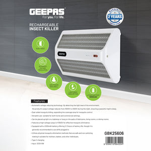 Geepas Rechargeable Mosquito Killer GBK25606 | Dual-Sided Bug & Pest Killer with Protective Net, Auto Voltage Regulation, Low Power Consumption, White, 2-Year Warranty