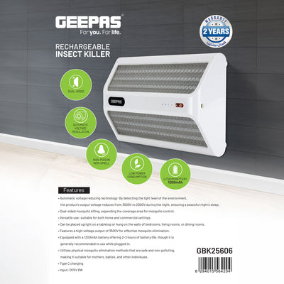 Geepas Rechargeable Mosquito Killer GBK25606 | Dual-Sided Bug & Pest Killer with Protective Net, Auto Voltage Regulation, Low Power Consumption, White, 2-Year Warranty