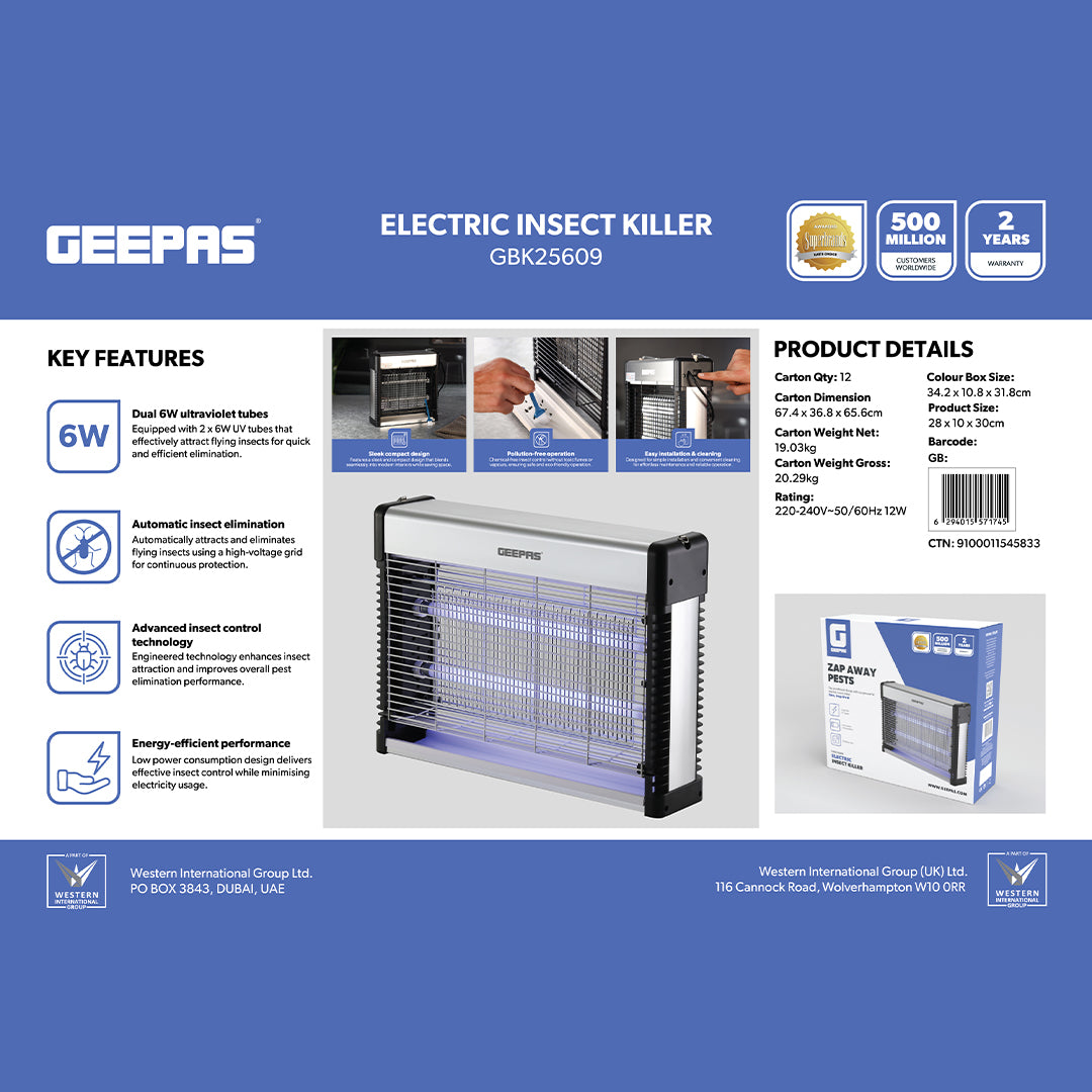 Geepas GBK25609 Electric Insect Killer 12W | Dual 6W UV Tubes | Chemical-Free Fly & Mosquito Killer | no toxic fumes or vapors | Advanced insect control technology