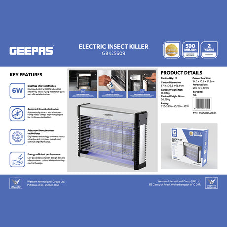 Geepas GBK25609 Electric Insect Killer 12W | Dual 6W UV Tubes | Chemical-Free Fly & Mosquito Killer | no toxic fumes or vapors | Advanced insect control technology