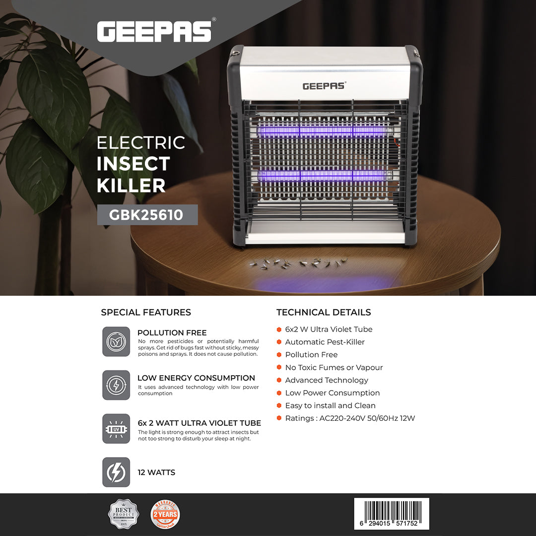 Geepas GBK25610 Electric Insect Killer | 12W UV Light Pest Control Device | Eco-Friendly, Pollution-Free Mosquito & Fly Trap | Safe Operation | 2 Years Warranty