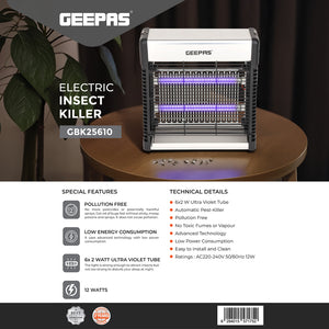 Geepas GBK25610 Electric Insect Killer | 12W UV Light Pest Control Device | Eco-Friendly, Pollution-Free Mosquito & Fly Trap | Safe Operation | 2 Years Warranty