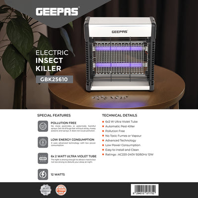 Geepas GBK25610 Electric Insect Killer | 12W UV Light Pest Control Device | Eco-Friendly, Pollution-Free Mosquito & Fly Trap | Safe Operation | 2 Years Warranty