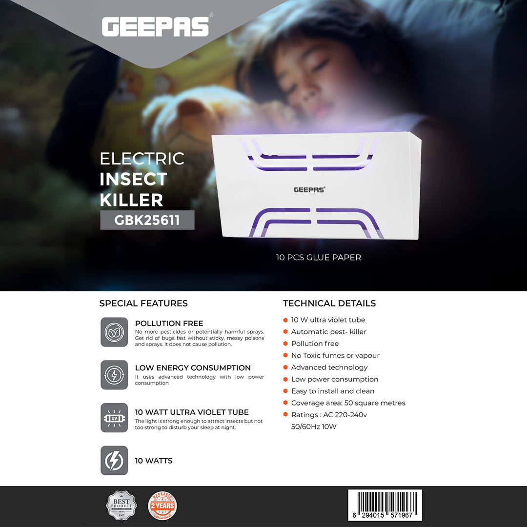 Geepas Electric Insect Killer GBK25611 | 10W Automatic Pest Control, No Smoke, No Odor, Eco-Friendly, Low Power, Perfect for Home, Office & Restaurants | 2Year Warranty