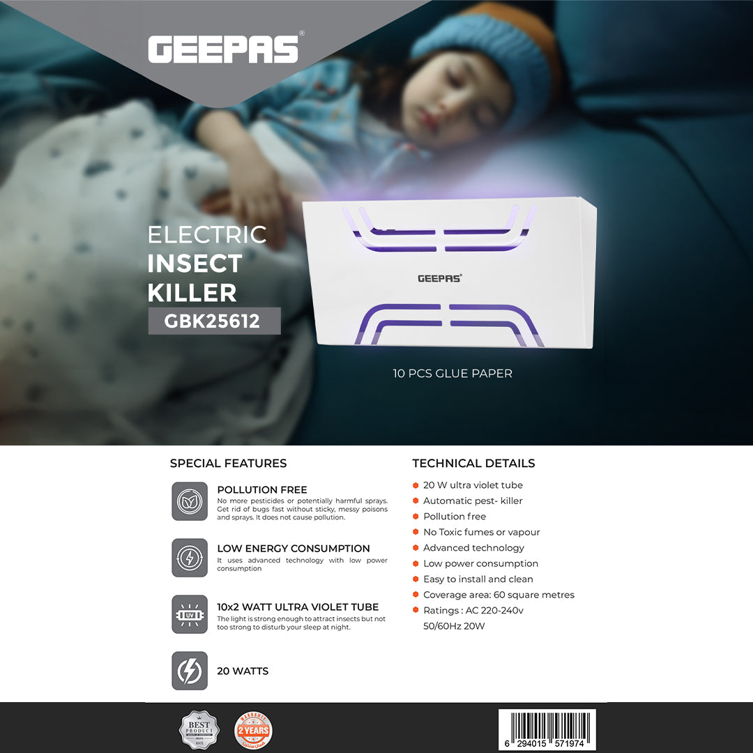 Geepas 20W Electric Insect Killer GBK25612 | 2x10W Tubes | No Smoke, Odor or Pollution | Low Power Use | Safe for Home, Office, Restaurants, Hospitals | 2Year Warranty