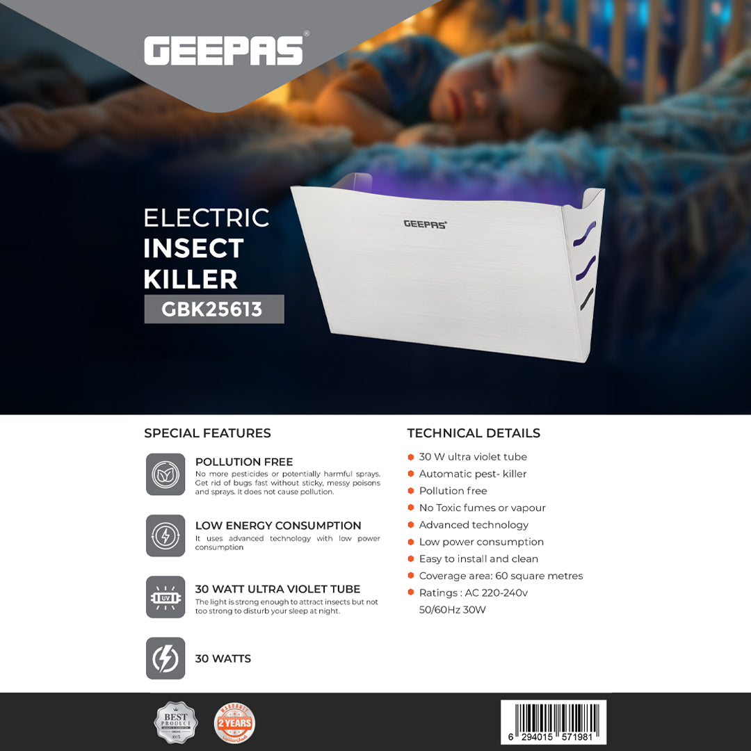 Geepas GBK25613 Electric Insect Killer | 30W UV Light Bug Zapper with 10 Glue Papers | Pollution-Free, Low Power Consumption, Eco-Friendly Pest Control | 2 Years Warranty