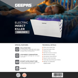 Geepas GBK25613 Electric Insect Killer | 30W UV Light Bug Zapper with 10 Glue Papers | Pollution-Free, Low Power Consumption, Eco-Friendly Pest Control | 2 Years Warranty