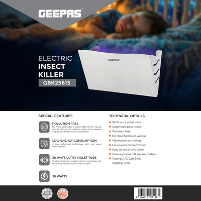 Geepas GBK25613 Electric Insect Killer | 30W UV Light Bug Zapper with 10 Glue Papers | Pollution-Free, Low Power Consumption, Eco-Friendly Pest Control | 2 Years Warranty