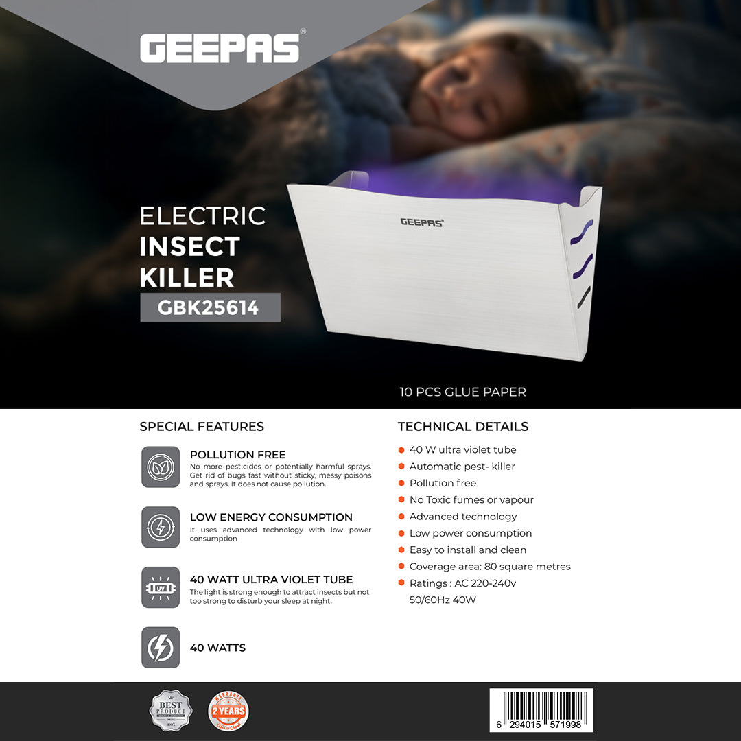 Geepas GBK25614 Electric Insect Killer | 40W UV Light Bug Zapper with 10 Glue Papers | Pollution-Free| Low Power Consumption| Eco-Friendly Mosquito Trap| 2 Years Warranty