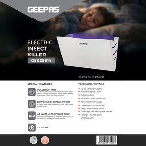 Geepas GBK25614 Electric Insect Killer | 40W UV Light Bug Zapper with 10 Glue Papers | Pollution-Free| Low Power Consumption| Eco-Friendly Mosquito Trap| 2 Years Warranty