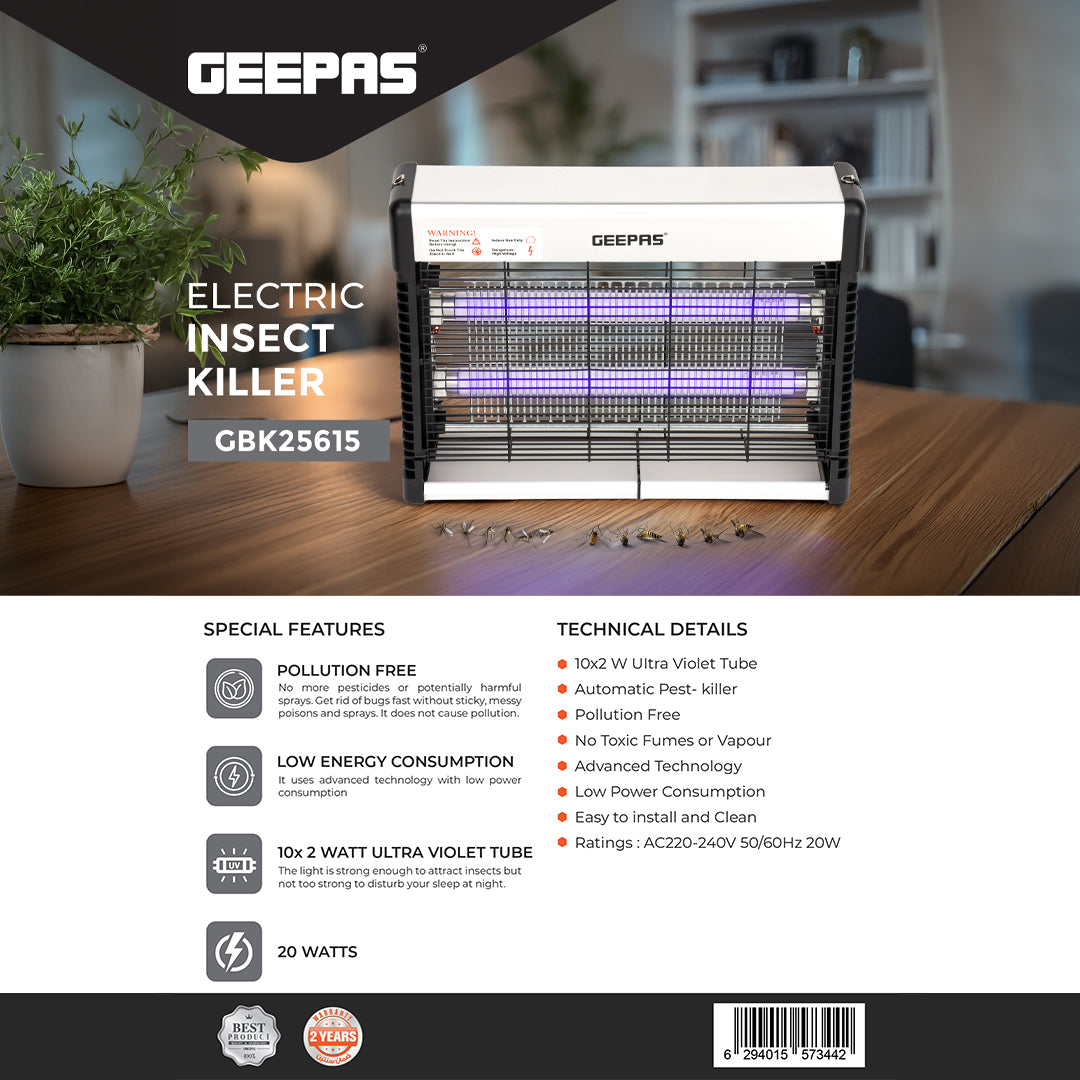 Geepas GBK25615 Electric Insect Killer | 20W UV Tube for Mosquito & Fly Control | Chemical-Free & Odorless Operation |  Energy Efficient Design |  2 Years Warranty