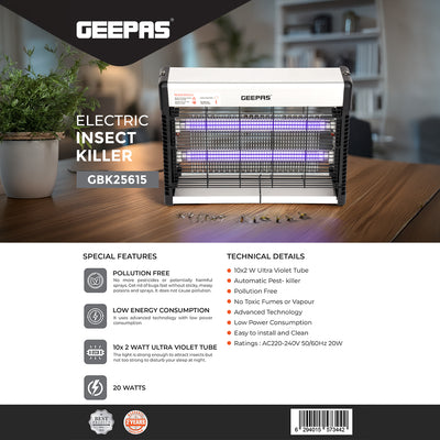 Geepas GBK25615 Electric Insect Killer | 20W UV Tube for Mosquito & Fly Control | Chemical-Free & Odorless Operation |  Energy Efficient Design |  2 Years Warranty