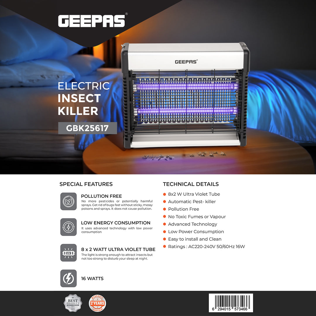 Geepas GBK25617 Electric Insect Killer | UV Light Bug Zapper for Home & Office |Pollution-Free| Low Power Consumption| Eco-Friendly Mosquito & Fly Trap |2 Years Warranty