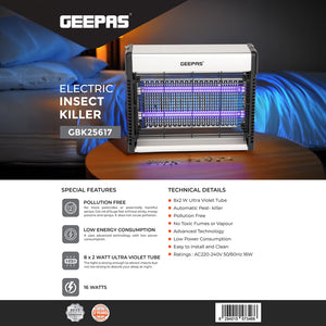 Geepas GBK25617 Electric Insect Killer | UV Light Bug Zapper for Home & Office |Pollution-Free| Low Power Consumption| Eco-Friendly Mosquito & Fly Trap |2 Years Warranty