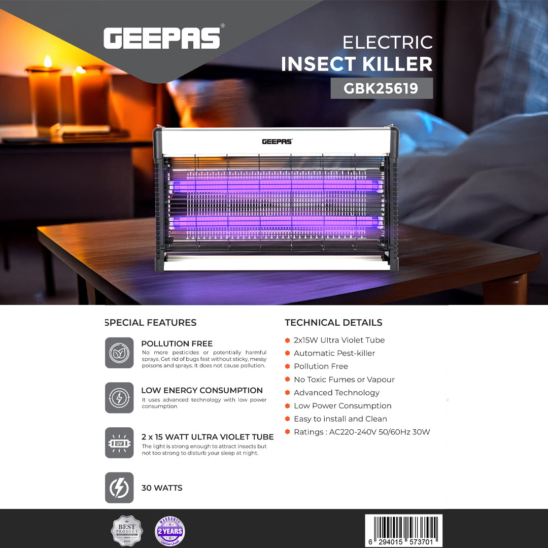 Geepas GBK25619 Electric Insect Killer|30W UV Tube for Mosquito & Fly Control |Odorless & Chemical-Free Operation |Wide Coverage Area |Energy Efficient |2 Years Warranty