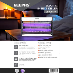 Geepas GBK25619 Electric Insect Killer|30W UV Tube for Mosquito & Fly Control |Odorless & Chemical-Free Operation |Wide Coverage Area |Energy Efficient |2 Years Warranty