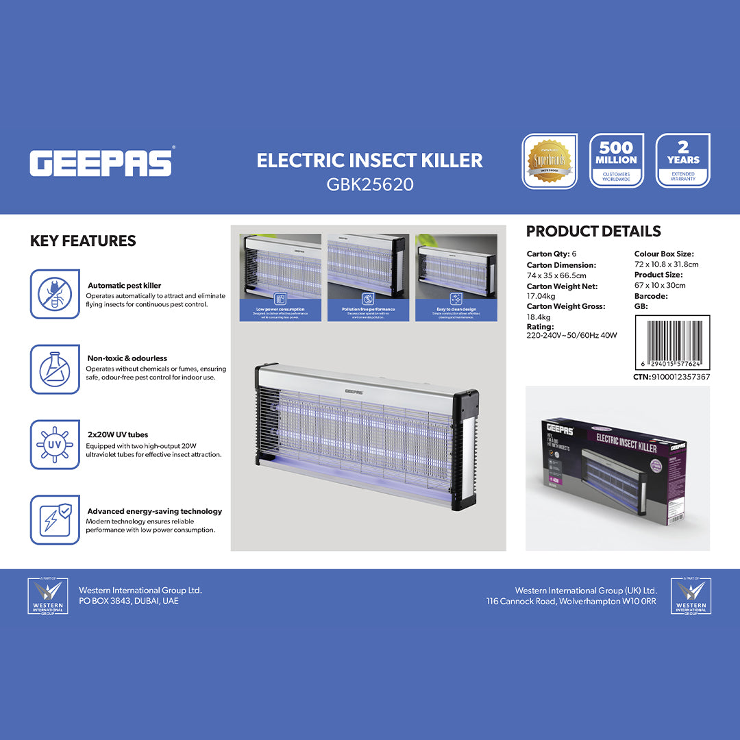 Geepas GBK25620 Electric Insect Killer | 2×20W UV Automatic Fly & Mosquito Killer with Non-Toxic Odourless Operation | Energy-Saving Design | Perfect for Indoor Use