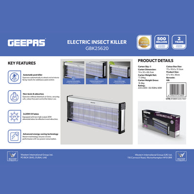 Geepas GBK25620 Electric Insect Killer | 2×20W UV Automatic Fly & Mosquito Killer with Non-Toxic Odourless Operation | Energy-Saving Design | Perfect for Indoor Use