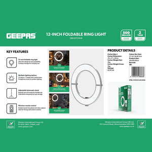 Geepas GBL63120UK 12-Inch Foldable Ring Light with Stand  |12 Lighting Colours  | 7 Lighting Modes | 3 White Light Tones |9 Brightness Levels |Adjustable Telescopic Stand