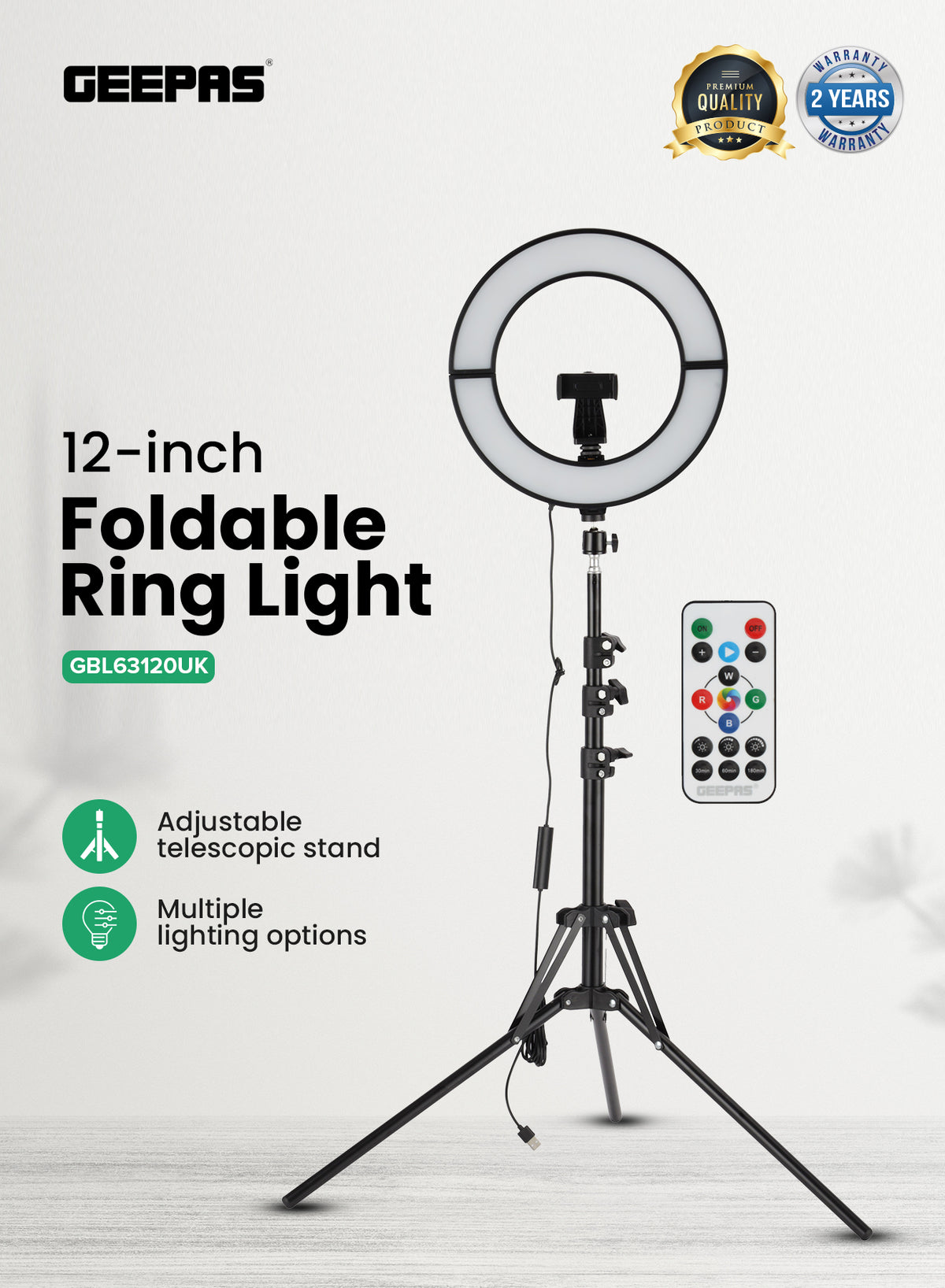 Geepas GBL63120UK 12-Inch Foldable Ring Light with Stand  |12 Lighting Colours  | 7 Lighting Modes | 3 White Light Tones |9 Brightness Levels |Adjustable Telescopic Stand