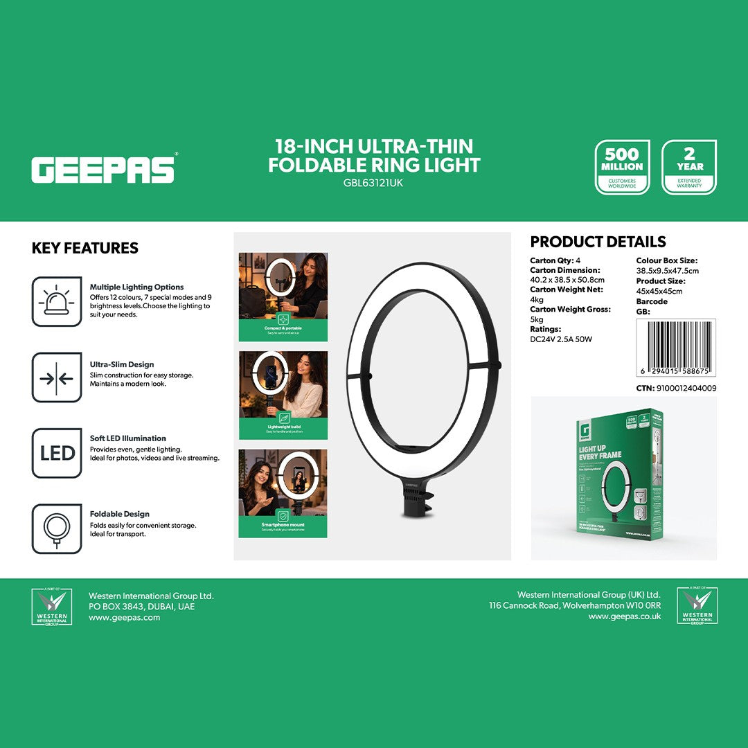Geepas GBL63121UK 18-Inch Foldable LED Ring Light 50W | 12 Lighting Colours | 7 Special Lighting Modes | 9 Brightness Levels | Soft LED Illumination | Ultra-Thin Design