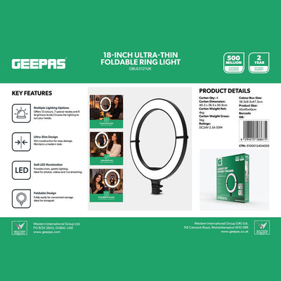 Geepas GBL63121UK 18-Inch Foldable LED Ring Light 50W | 12 Lighting Colours | 7 Special Lighting Modes | 9 Brightness Levels | Soft LED Illumination | Ultra-Thin Design