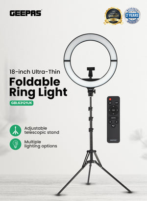 Geepas GBL63121UK 18-Inch Foldable LED Ring Light 50W | 12 Lighting Colours | 7 Special Lighting Modes | 9 Brightness Levels | Soft LED Illumination | Ultra-Thin Design