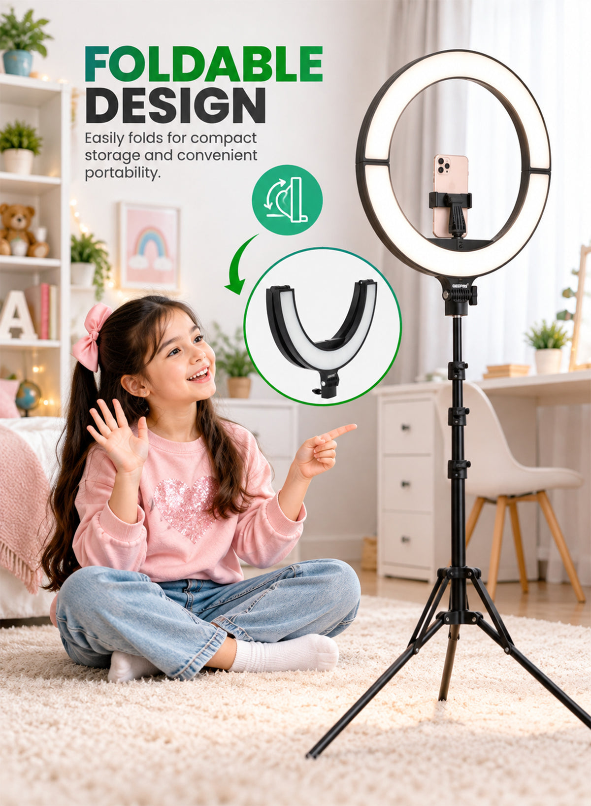 Geepas GBL63121UK 18-Inch Foldable LED Ring Light 50W | 12 Lighting Colours | 7 Special Lighting Modes | 9 Brightness Levels | Soft LED Illumination | Ultra-Thin Design