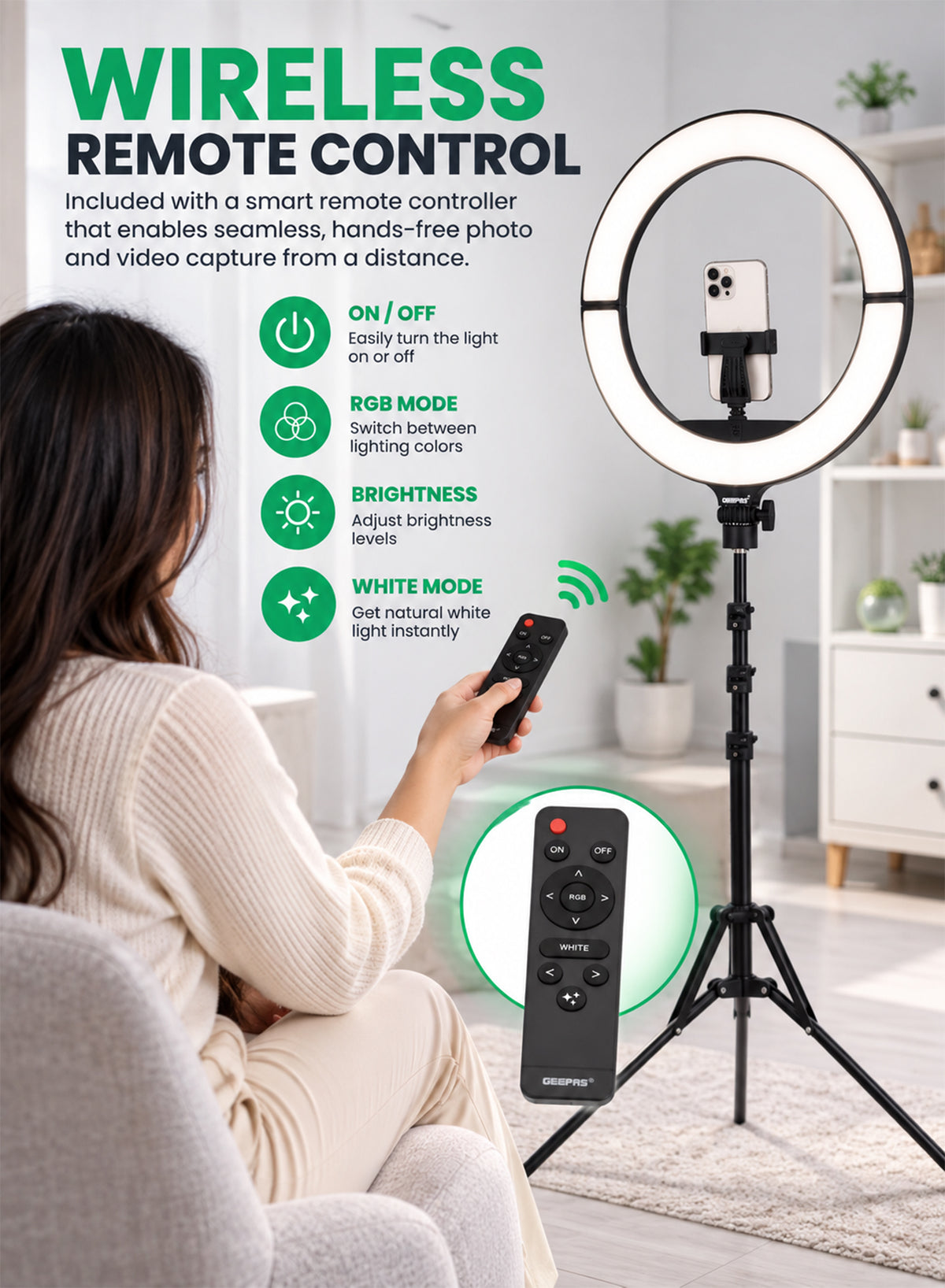 Geepas GBL63121UK 18-Inch Foldable LED Ring Light 50W | 12 Lighting Colours | 7 Special Lighting Modes | 9 Brightness Levels | Soft LED Illumination | Ultra-Thin Design