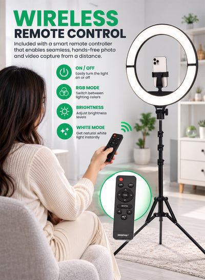 Geepas GBL63121UK 18-Inch Foldable LED Ring Light 50W | 12 Lighting Colours | 7 Special Lighting Modes | 9 Brightness Levels | Soft LED Illumination | Ultra-Thin Design