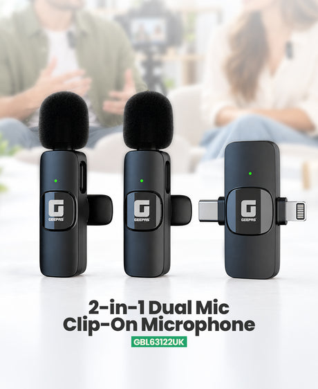 Geepas GBL63122UK 2-in-1 Dual Mic Wireless Microphone | Wireless Audio Transmission | Noise Reduction Support |  Plug-and-Play Setup | Long Recording Performance