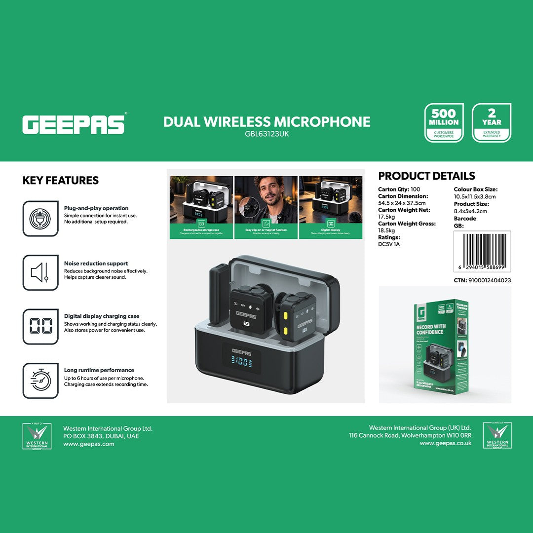Geepas GBL63123UK Dual Wireless Microphone with Charging Case | Plug-and-Play Operation | Noise Reduction Support | Digital Display | Magnetic Attachment Function