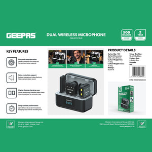 Geepas GBL63123UK Dual Wireless Microphone with Charging Case | Plug-and-Play Operation | Noise Reduction Support | Digital Display | Magnetic Attachment Function