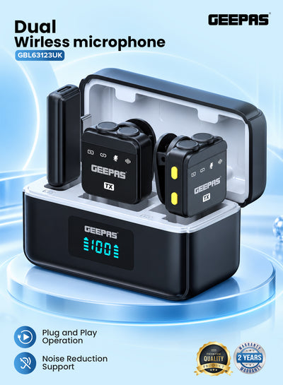 Geepas GBL63123UK Dual Wireless Microphone with Charging Case | Plug-and-Play Operation | Noise Reduction Support | Digital Display | Magnetic Attachment Function