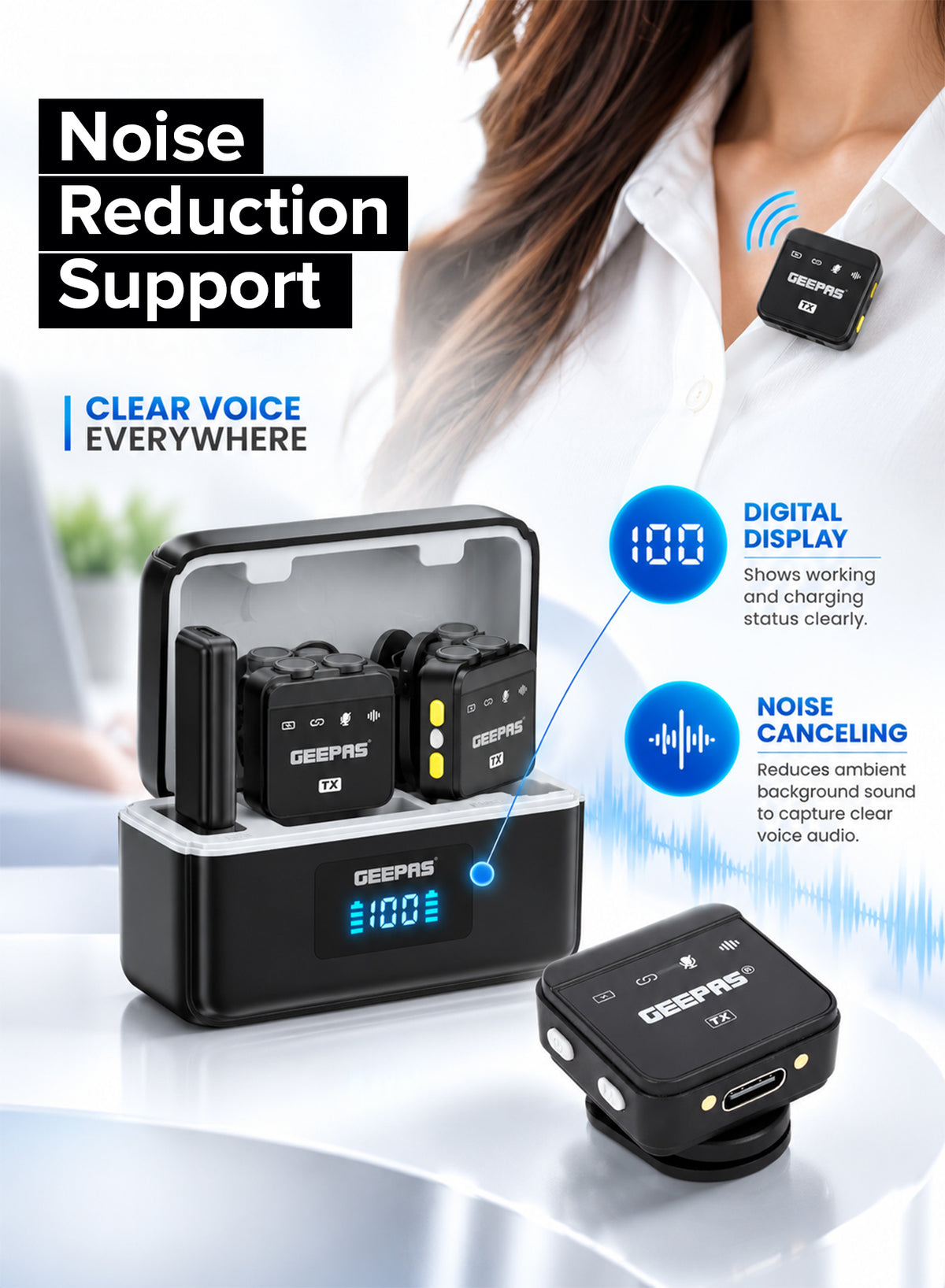 Geepas GBL63123UK Dual Wireless Microphone with Charging Case | Plug-and-Play Operation | Noise Reduction Support | Digital Display | Magnetic Attachment Function