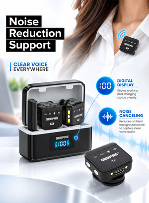 Geepas GBL63123UK Dual Wireless Microphone with Charging Case | Plug-and-Play Operation | Noise Reduction Support | Digital Display | Magnetic Attachment Function