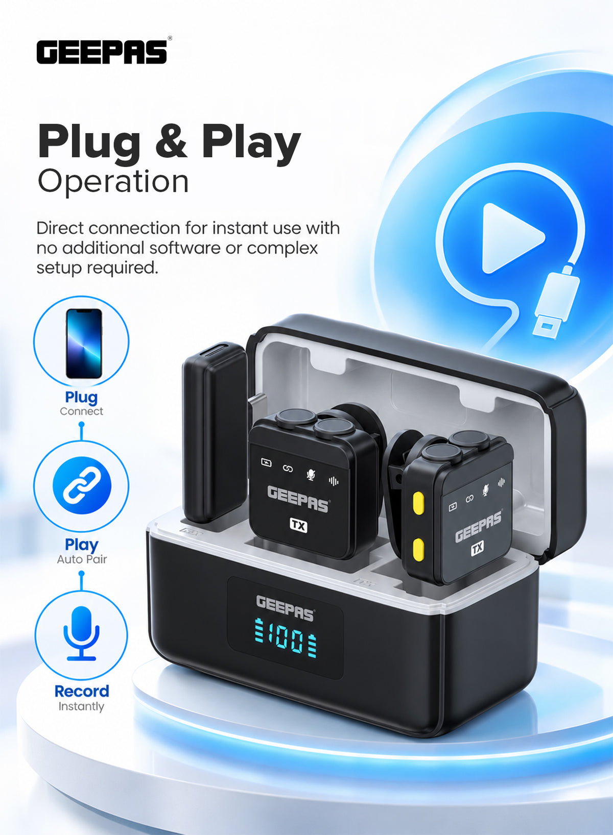 Geepas GBL63123UK Dual Wireless Microphone with Charging Case | Plug-and-Play Operation | Noise Reduction Support | Digital Display | Magnetic Attachment Function