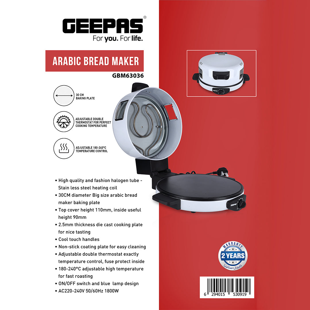 Geepas Arabic Bread Maker, 30cm Non-Stick Baking Plate, GBM63036 | Halogen Tube & Stainless Steel Heating Coil | Adjustable Double Thermostat for Perfect Cooking