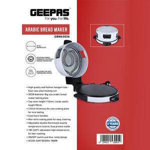 Geepas Arabic Bread Maker, 30cm Non-Stick Baking Plate, GBM63036 | Halogen Tube & Stainless Steel Heating Coil | Adjustable Double Thermostat for Perfect Cooking